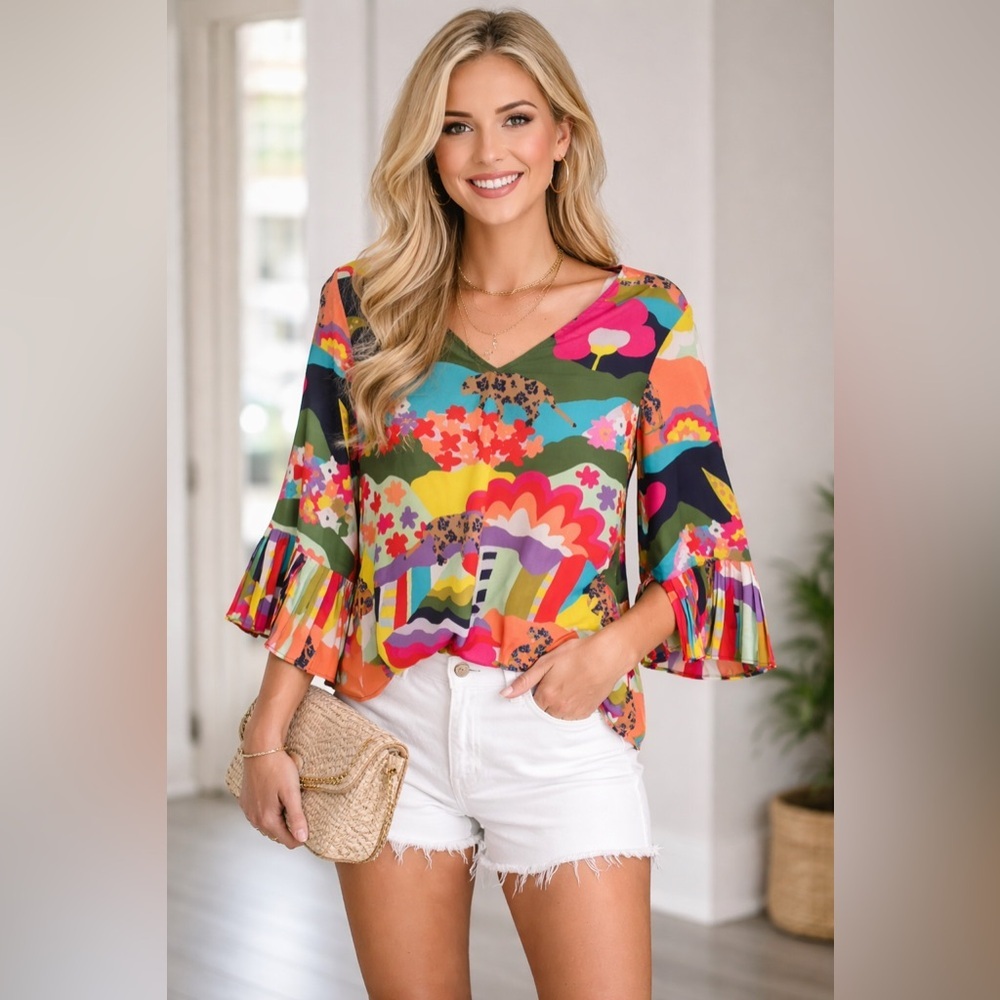 Crosby by Mollie Burch Pattern Long Sleeve Blouse Size 8 Color Blue Pink